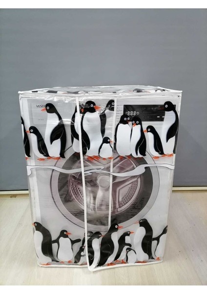 Penguen2 Desenli Şeffaf Çamaşır Makinesi Örtüsü (0,18 mm Kalınlığında)
