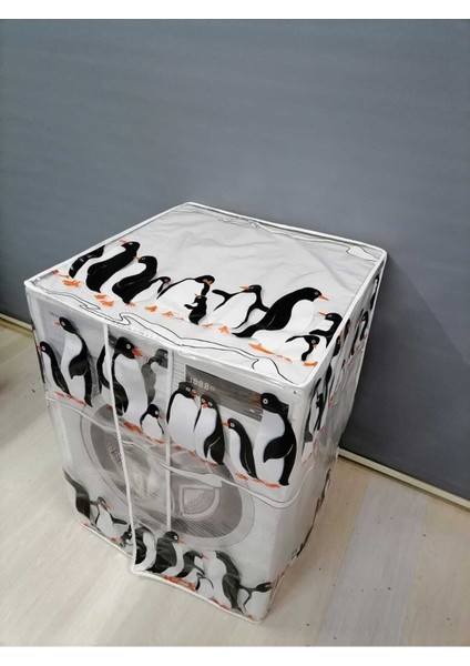 Penguen2 Desenli Şeffaf Çamaşır Makinesi Örtüsü (0,18 mm Kalınlığında)