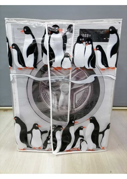 Penguen2 Desenli Şeffaf Çamaşır Makinesi Örtüsü (0,18 mm Kalınlığında)