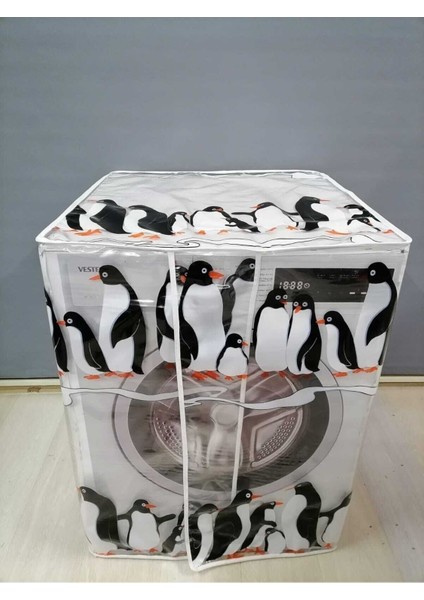 Penguen2 Desenli Şeffaf Çamaşır Makinesi Örtüsü (0,18 mm Kalınlığında)