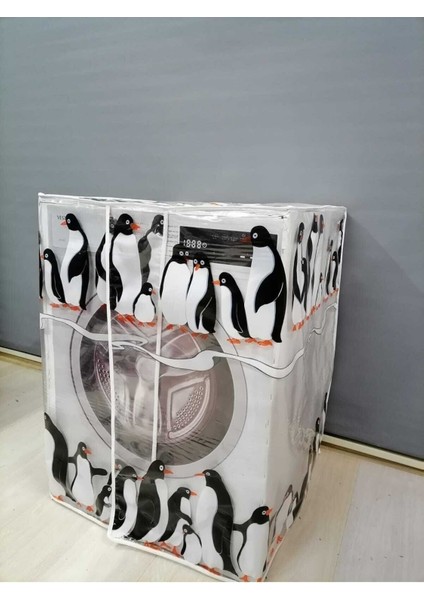 Penguen2 Desenli Şeffaf Çamaşır Makinesi Örtüsü (0,18 mm Kalınlığında)