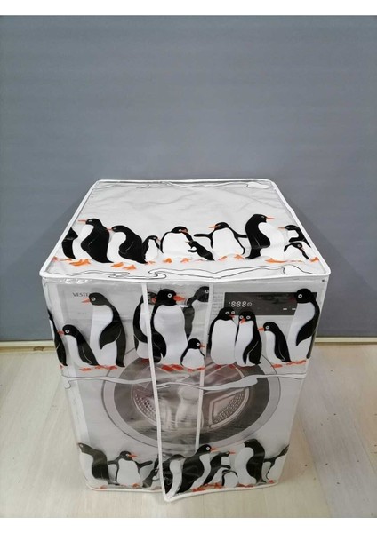 Penguen2 Desenli Şeffaf Çamaşır Makinesi Örtüsü (0,18 mm Kalınlığında)