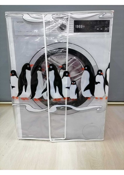 Penguen1 Desenli Şeffaf Çamaşır Makinesi Örtüsü 0,18 mm Kalınlığında