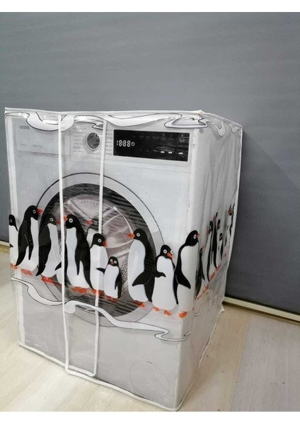 Penguen1 Desenli Şeffaf Çamaşır Makinesi Örtüsü 0,18 mm Kalınlığında