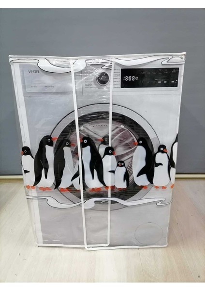 Penguen1 Desenli Şeffaf Çamaşır Makinesi Örtüsü 0,18 mm Kalınlığında