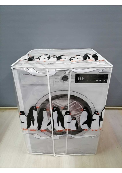 Penguen1 Desenli Şeffaf Çamaşır Makinesi Örtüsü 0,18 mm Kalınlığında