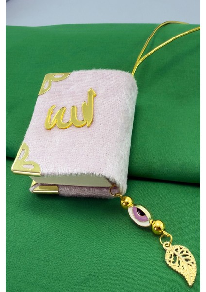 El Yapımı Cam Nazar Boncuklu Toz Pembe Kadife Mini Kur' An-I Kerim Araba Dikiz Ayna Süsü