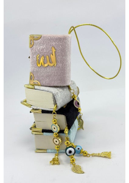 El Yapımı Cam Nazar Boncuklu Toz Pembe Kadife Mini Kur' An-I Kerim Araba Dikiz Ayna Süsü modelleri