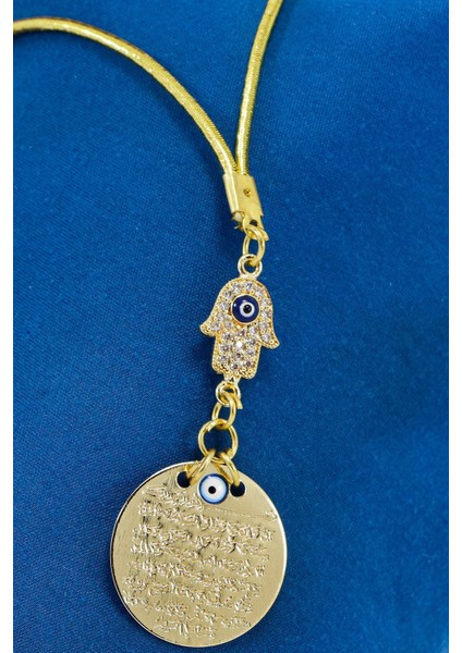 Küçük Parlak Taşlı Nazarlı Hamse Metal Ayetel Kürsi Araba Dikiz Ayna Süsü, Gold Renkli