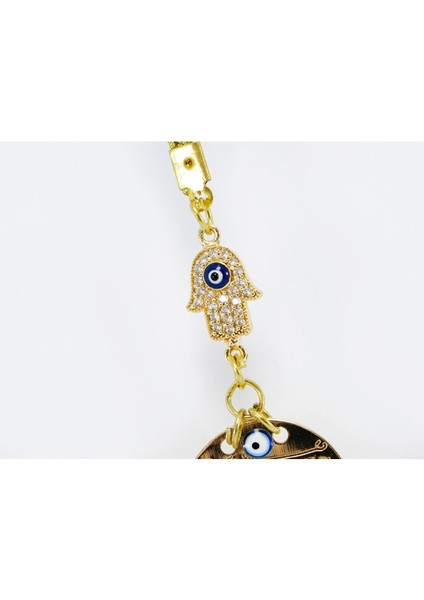 Küçük Parlak Taşlı Nazarlı Hamse Metal Ayetel Kürsi Araba Dikiz Ayna Süsü, Gold Renkli fırsatları