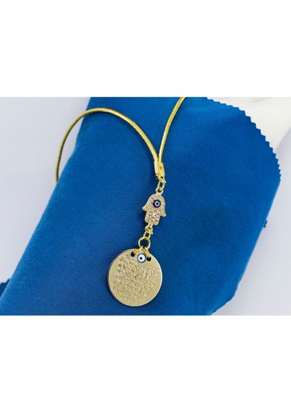 Küçük Parlak Taşlı Nazarlı Hamse Metal Ayetel Kürsi Araba Dikiz Ayna Süsü, Gold Renkli