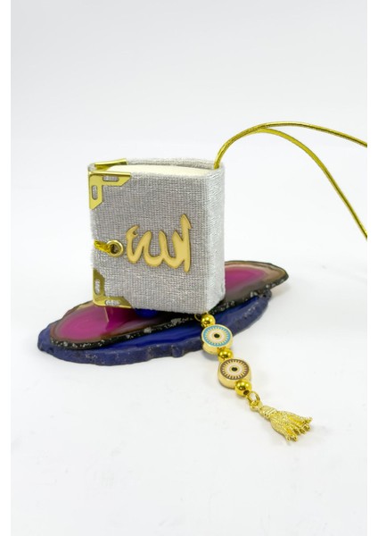 El Yapımı Cam Nazar Boncuklu Gümüş Renk Kadife Mini Kur' An-I Kerim Araba Dikiz Ayna Süsü