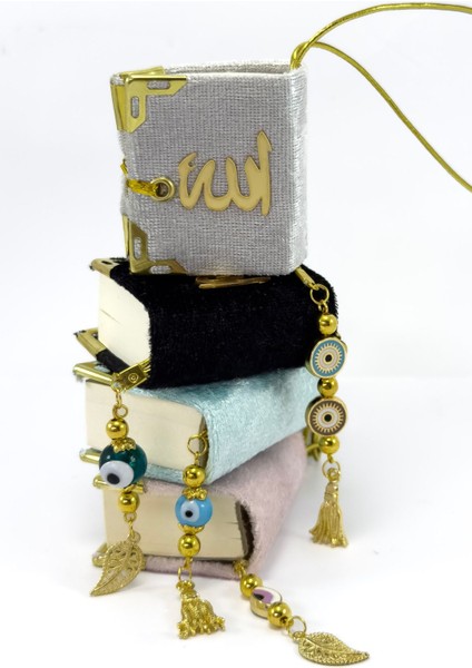 El Yapımı Cam Nazar Boncuklu Gümüş Renk Kadife Mini Kur' An-I Kerim Araba Dikiz Ayna Süsü modelleri