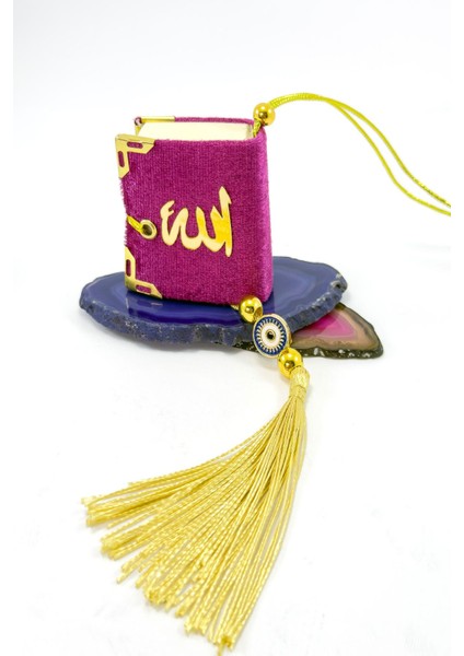 El Yapımı Cam Nazar Boncuklu Mor Kadife Mini Kur' An-I Kerim Araba Dikiz Ayna Süsü