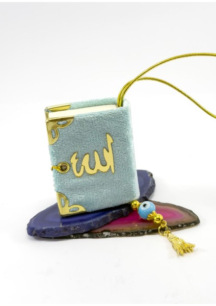 El Yapımı Cam Nazar Boncuklu Mavi Kadife Mini Kur' An-I Kerim Araba Dikiz Ayna Süsü