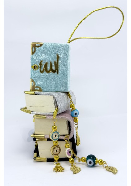 El Yapımı Cam Nazar Boncuklu Mavi Kadife Mini Kur' An-I Kerim Araba Dikiz Ayna Süsü modelleri