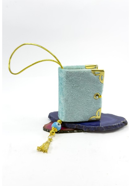 El Yapımı Cam Nazar Boncuklu Mavi Kadife Mini Kur' An-I Kerim Araba Dikiz Ayna Süsü