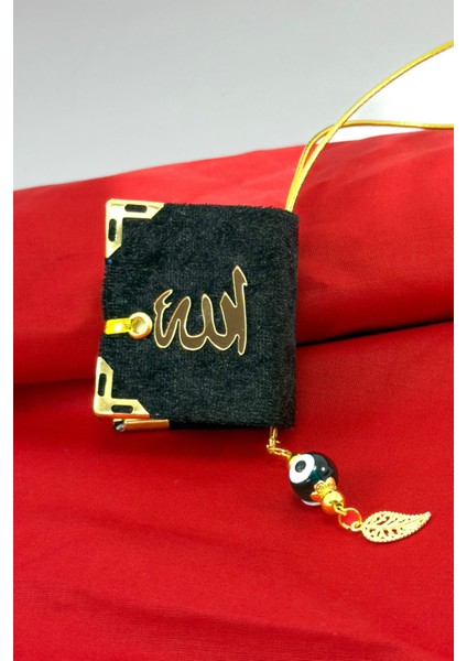 El Yapımı Cam Nazar Boncuklu Siyah Kadife Mini Kur' An-I Kerim Araba Dikiz Ayna Süsü