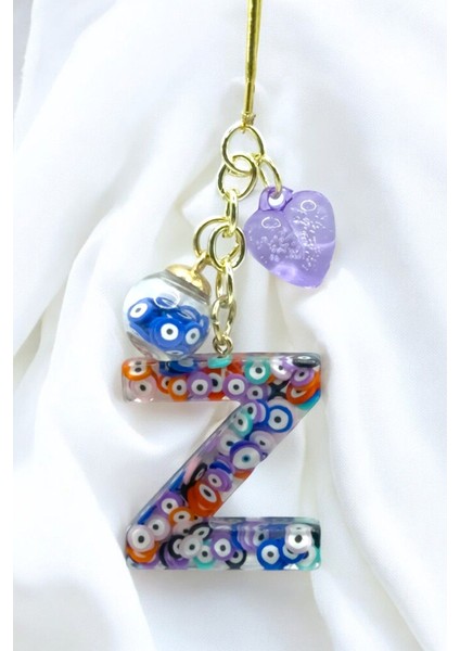 Renkli Nazar Boncuklu Z Harfi Araba Dikiz Ayna Süsü, El Yapımı Hediyelik Çanta Süsü