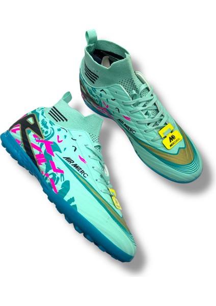 Çoraplı Halısaha Ayakkabı Su Yeşili Turkuaz Desenli