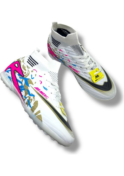 Çoraplı Halısaha Ayakkabı Beyaz Fuşya Desenli