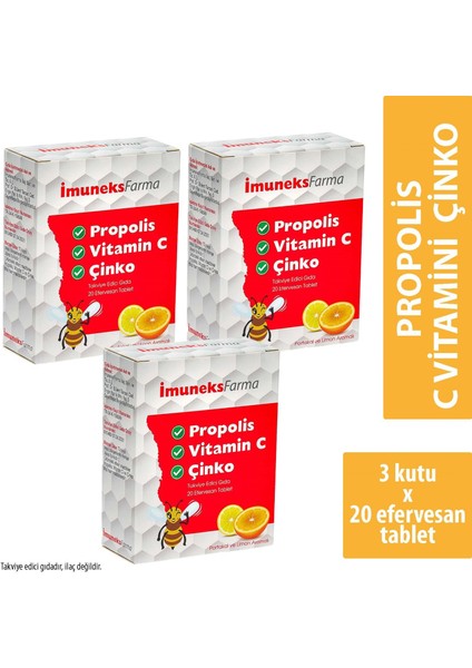 Propolis, Vitamin C, Çinko İçeren Takviye Edici Gıda 20 Efervesan Tablet x 3 Adet