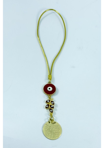 Kırmızı Nazarlı Salkım Metal Ayetel Kürsi Araba Dikiz Ayna Süsü, Yeni Araba Hediyesi