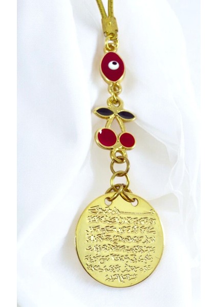 Kirazlı Çerçeve Kırmızı Nazarlı Metal Ayetel Kürsi Araba Dikiz Ayna Süsü, Yeni Araba Hediyesi