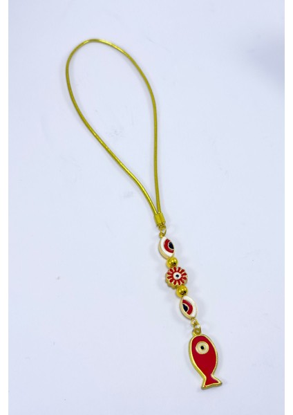 Kırmızı Çerçeveli Nazar Çiçekli Metal Balık Araba Dikiz Ayna Süsü