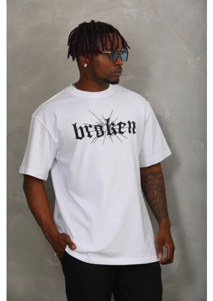 Unisex Oversize Baskılı Bisiklet Yaka T-Shirt - Beyaz