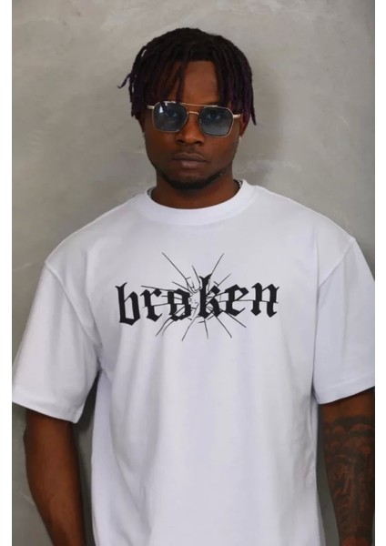 Unisex Oversize Baskılı Bisiklet Yaka T-Shirt - Beyaz modelleri