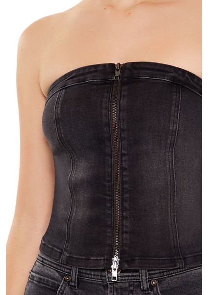 Denim Straplez Yaka Büstiyer