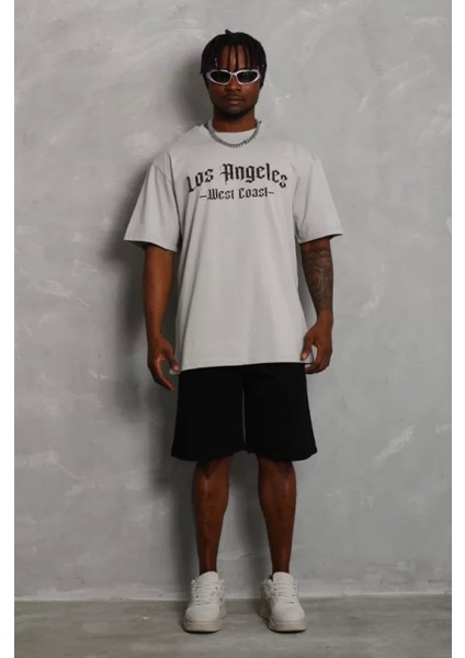 Unisex Oversize Baskılı Bisiklet Yaka T-Shirt - Gri fırsatları