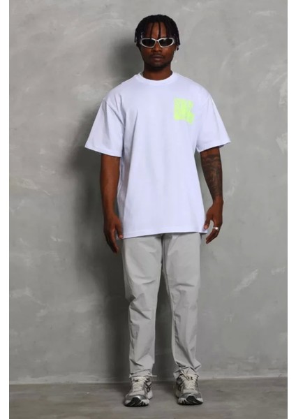 Unisex Oversize Baskılı Bisiklet Yaka T-Shirt - Beyaz fiyatları