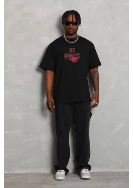 Unisex Oversize Baskılı Bisiklet Yaka T-Shirt - Siyah