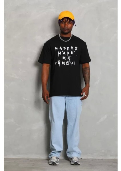 Unisex Oversize Baskılı Bisiklet Yaka T-Shirt - Siyah modelleri