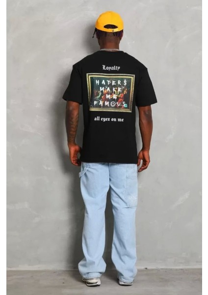 Unisex Oversize Baskılı Bisiklet Yaka T-Shirt - Siyah fırsatları