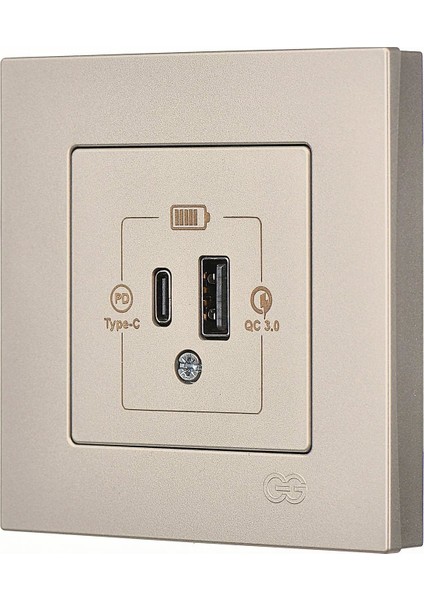 Eqona Metalik Bej 2 Çıkışlı USB Şarj Prizi - 20W (Type C + Type A)