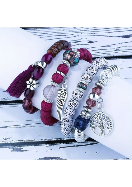 4 Parça Bohem Bileklik Seti , Hayat Ağacı, Tüy Kanat, Püsküllü El Yapımı Unisex Bileklik