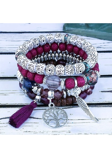 4 Parça Bohem Bileklik Seti , Hayat Ağacı, Tüy Kanat, Püsküllü El Yapımı Unisex Bileklik fiyatları