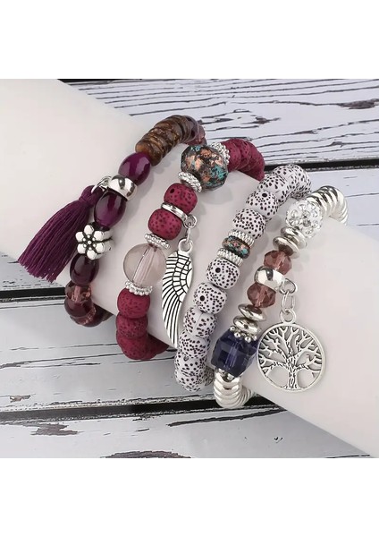 4 Parça Bohem Bileklik Seti , Hayat Ağacı, Tüy Kanat, Püsküllü El Yapımı Unisex Bileklik modelleri