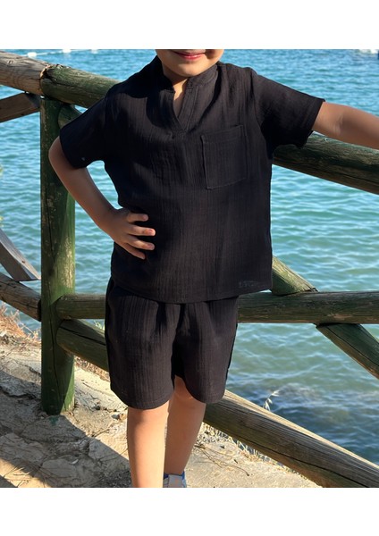2 Kat Siyah Müslin Kısa Kollu Yazlık Çocuk Gömlek ve Şort Takımı fiyatları