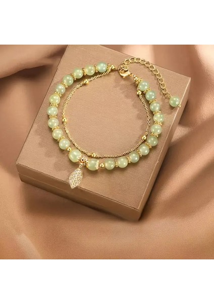 Yaprak Detaylı Çift Katmanlı Boncuklu Bileklik -El Yapımı