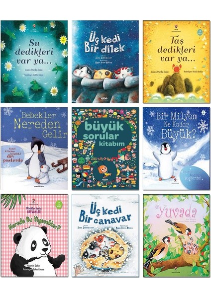 Iş Bankası Kültür Yayınları – Su Dedikleri Var Ya + Üç Kedi Bir Dilek + Bebekler Nereden Gelir + Büyük Sorular Kitabım + Bir Milyon Ne Kadar Büyük? + Üç Kedi Bir Canavar - 9 Kitap Çocuk Hikaye Seti