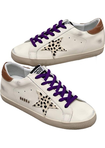 Women's Sneakers Dalmatian Golden Goose Superstar Purple Lace-Up - Brown back ankle - Kadın Ayakkabı Mor Bağıcık Dalmaçya Yıldız