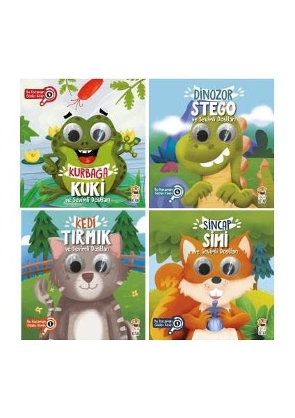 bu Kocaman Gözler Kimin Hareketli Gözler 4 Kitap Set / Kurbağa Kuki - Dinozor Stego - Kedi Tırmık - Sincap Simi