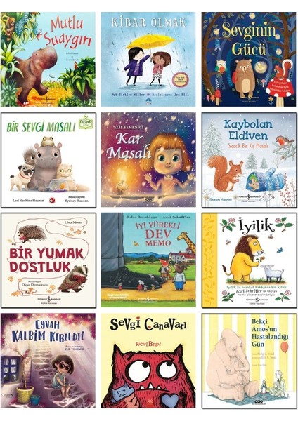 Mutlu Su Aygırı - Kibar Olmak - Sevginin Gücü - Bir Sevgi Masalı - Kar Masalı - Kaybolan Eldiven - Bir Yumak Dostluk - Iyi Yürekli Dev Memo - Iyilik - Eyvah Kalbim Kırıldı - - 12’li Çocuk Kitap Seti