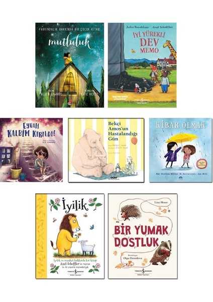 Mutluluk - Iyi Yürekli Dev Memo - Eyvah Kalbim Kırıldı - Bekçi Amos’un Hastalandığı Gün - Kibar Olmak - Iyilik - Bir Yumak Dostluk - 7’li Çocuk Masalı Kitap Seti