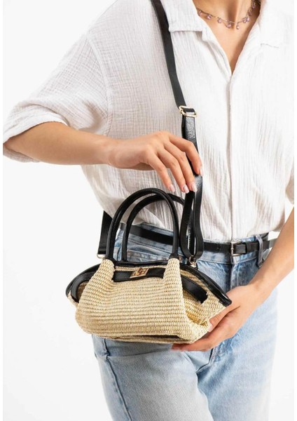 Lucy Model Hasır Siyah Kadın El ve Omuz Çantası Hediye Paketi Şeklinde Gönderilir