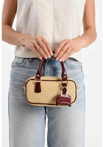 Model Hasır Bordo Charm Hediyeli Kadın El ve Omuz Çantası Hediye Paketi Şeklinde Gönderilir